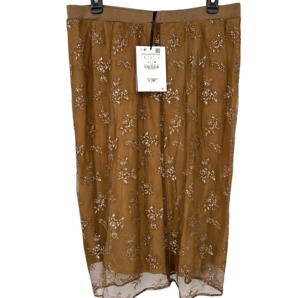 Zara Combination Metallic Floral Mesh Skirt Special Edition Beige Size Large NWT - Picture 5 of 12